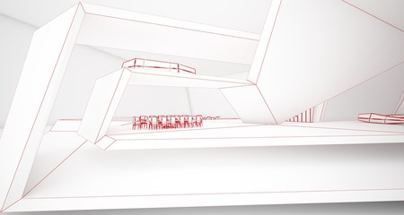 Abstract drawing architectural white interior of a minimalist house with swimming pool and window. 3D illustration and rendering.