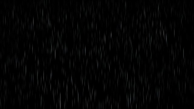 Falling rain over black background. Alpha matte. Loopable. 4 in 1. From frame 0 to 139 start raining, from 140 to 302 first loopable sequence, from 380 to 639 second loopable sequence. Lateral view. 