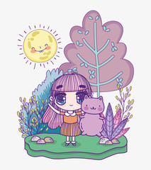kids, cute little girl anime cartoon with cute cat