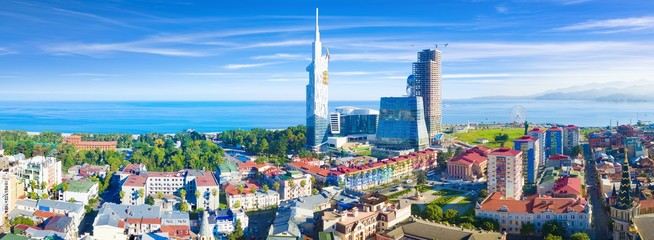 Aerial panoramic image of beautiful Batumi in Georgia made with drone in sunny summer weather.