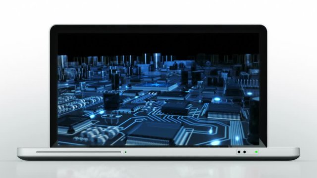 Laptop animation. Opening. Circuit board video on the screen. Highly detailed aluminum laptop with frontal DVD opening over white background. More options in my portfolio.