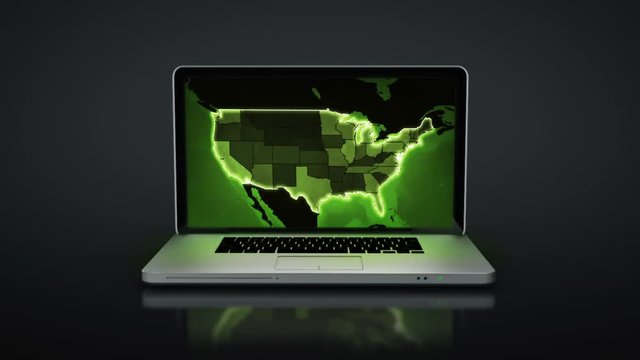Laptop animation. Spinning. Green US map video on the screen. 2 videos in 1 file. Highly detailed aluminum laptop with frontal DVD spinning and opening over black background. 