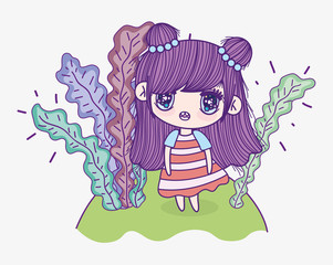 kids, cute little girl cartoon anime and leaves foliage