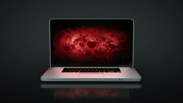 Laptop animation. Spinning. Blood video on the screen. 2 videos in 1 file. Highly detailed aluminum laptop with frontal DVD spinning and opening over black background.