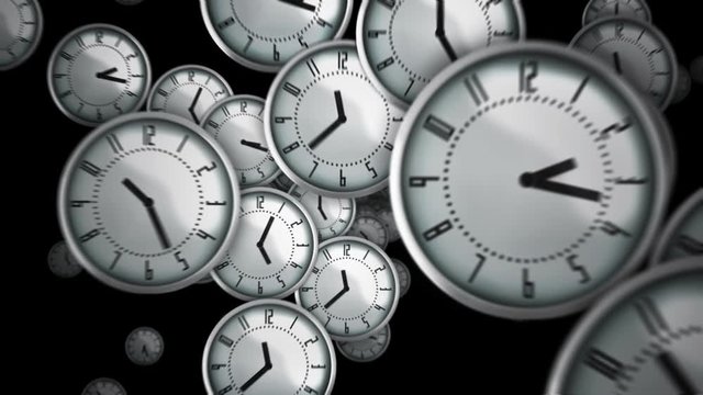 White clocks flying symbolizing the passing of time. Loopable. Alpha matte. Black background. More options in my portfolio.      