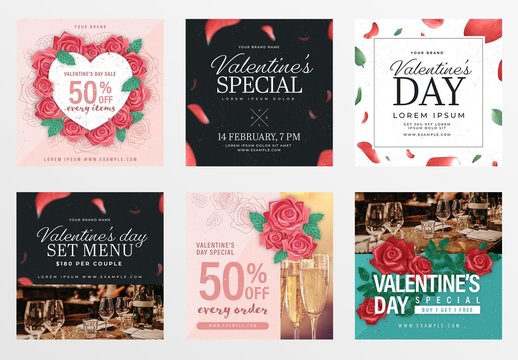 Valentine's Day Social Media Post Layout Set with Floral Illustrations