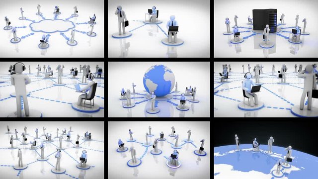 Video wall. Networks. White. Animation representing the network concept, every character is connected through a technological device to internet, a social network, etc. More options in my portfolio.     