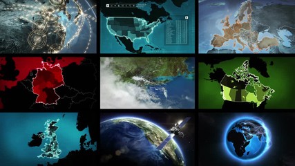 ALL VIDEOS AND ANIMATIONS CREATED BY ME AND INCLUDED IN MY PORT. Video wall. Selection of screens showing Geography themed videos. Black background. Alpha matte. 