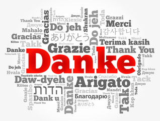 Danke (Thank You in German) word cloud background in different languages