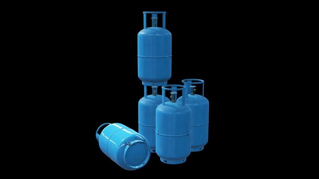 Gas cylinder lpg tank gas-bottle. Propane gas-cylinder balloon. Cylindrical container with liquefied compressed gases with high pressure and valves 3d render video available in 4K FullHD footage