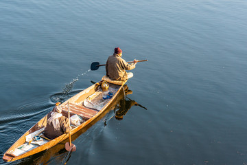 Fototapeta premium The boats in Dal lake near the center of Srinagar during winter , Srinagar , Kashmir , India