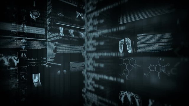 MRI interface. Black. Loopable. Lateral view. 4 videos in 1 file. Multiple MRI, DNA and chromosome videos and data.  Medical background.