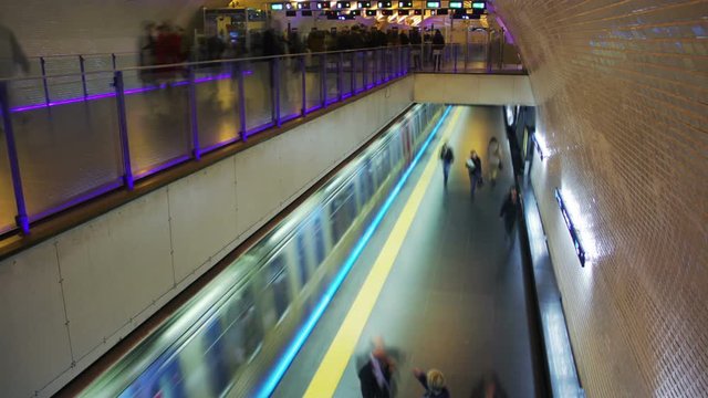 Subway station. Subway train arriving. Time lapse. Visible faces were blurred. More options in my portfolio.