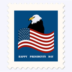 Postage stamp - Happy President's Day - with USA symbols - flag, eagle - isolated on white background - vector.