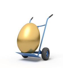 3d rendering of a golden egg on a hand truck