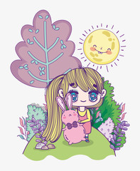 kids, cute little girl anime cartoon holding cute rabbit