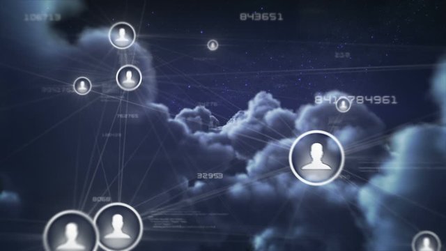 Flying through clouds with network connections at night. Loopable. Flight through fluffy clouds with growing social networks. More options in my portfolio.  