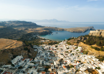Amazing view of Lindos village, Rhodes island, Dodecanese, Greece. Sunset panorama. One of the most famous tourist destination.