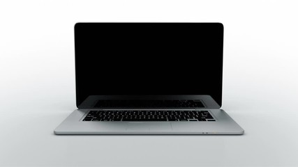 Laptop animation. Highly detailed aluminum laptop spinning and opening over white background. 4 videos in 1. The white display is perfect for tracking and adding your own photos or videos.