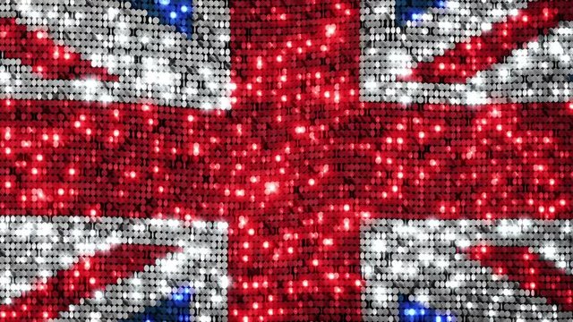 British flag. Sequins. Loopable. Zoom out. UK flag animation, loop able from frame 300 to frame 599. 
