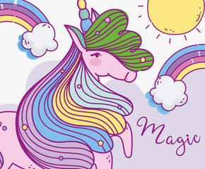 unicorn fantasy magic cartoon rainbow sun clouds sky