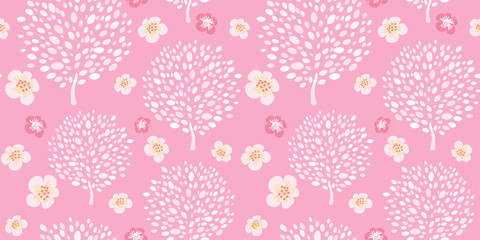 Vector seamless pattern with cherry trees and Sakura flowers on pastel pink background. Floral abstract print with blossoms. Hand drawn vector   illustration. © Diana  Sityaeva 
