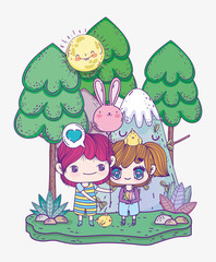 kids, cute little boy and girl anime cartoon with chicken balloon love landscape nature
