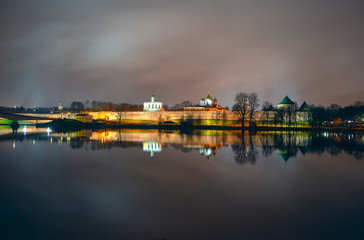 Night Kremlin, Sofiyskaya Embankment and Volkhov River. Velikiy Novgorod. Russia