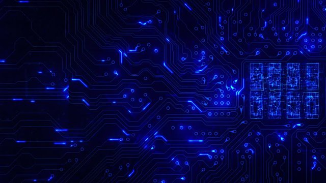 Futuristic circuit board with moving electrons. Loopable. Technology. Blue. Lateral dolly with CPU animation. Morecolor options in my portfolio.