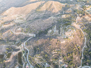Aerial view of landscape in Cyprus. mountains, terraces and olive trees