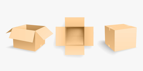 Three Yellow Opened Cardboard Box Mockup Vector Illustration Isolated on White Background