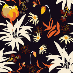The Seamless Pattern Leaves The Flower Colorful In Tropical Summer. Vector illustration. Hand drawn yellow and orange flowers, foliage. The template is suitable for posters, postcards, fabric...