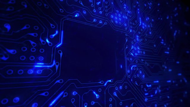 Futuristic circuit board with moving electrons. Loopable. Technology. Blue. 2 videos in 1 file. Locked with copy space. Lateral view. More color options in my portfolio.
