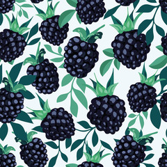Tropical seamless pattern with BlackBerry berries on white background. Floral print. Bramble (dewberry) and green foliage. Fruit repeated background. Hand drawing illustration. Vector perfect design. 