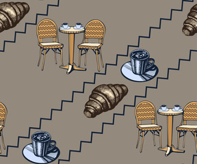 Seamless pattern with cafe and Eiffel Tower. Hand drawing decorative background. Vector pattern. Print for textile, cloth, wallpaper, scrapbooking