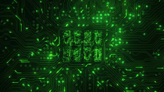 Futuristic circuit board with moving electrons. 2 videos in 1 file. Locked shot with CPU animation. Loopable. Technology. Green. More options in my portfolio.
