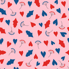Seamless pattern of hearts, holly leaves and viburnum on a transparent background, the ability to replace the background color
