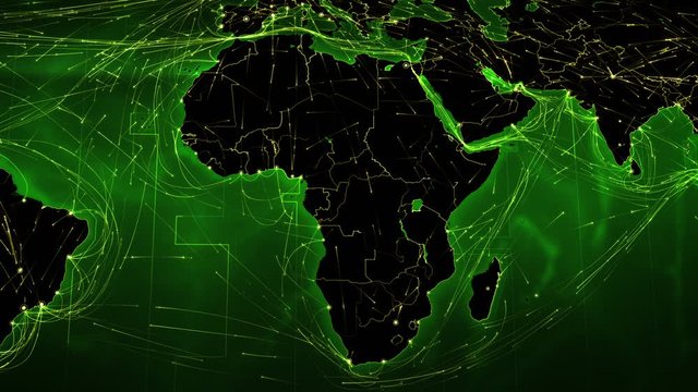 World map with connections. African and European maps with bright connections. Aerial, maritime, ground routes and country borders. 2 shots in 1 file. Green.