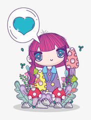 kids, little girl anime cartoon in love chat bubble flowers foliage decoration