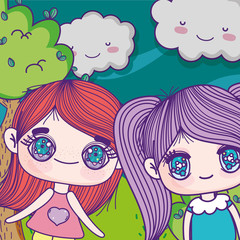 kids, little girls anime cartoon characters in the outdoor