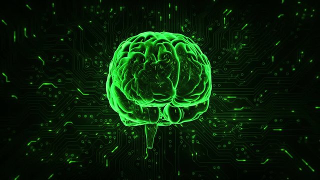 Spinning brain with circuit board background. Loopable. Green and blue. Technology. More options in my portfolio.