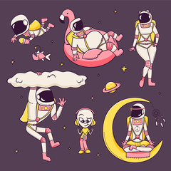 Astronaut set. Alien, hippie meditating on Moon, attractive woman and lazy astronaut. - 312964298