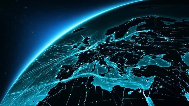 Earth connections. From Europe to Asia. Aerial, maritime, ground routes and country borders. Animation of the Earth with bright connections. Cyan. More options in my portfolio.