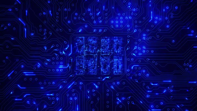 Futuristic circuit board with moving electrons. Loopable. Technology. Blue. 2 videos in 1 file. Locked shot with CPU animation. More color options in my portfolio.