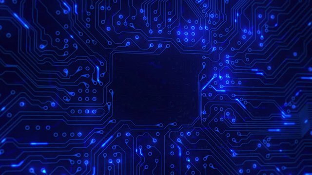 Futuristic circuit board with moving electrons. Technology. Blue. Lateral dolly with copy space. More color options in my portfolio.