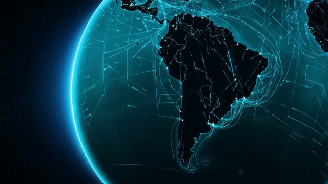Earth connections. South America. Aerial, maritime, ground routes and country borders. Animation of the Earth with bright connections and cities. Cyan. More options in my portfolio.