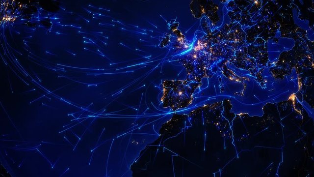 World connections. Europe. Aerial, maritime, ground routes and country borders. Animation of the Earth with bright connections and city lights. Locked. Blue.