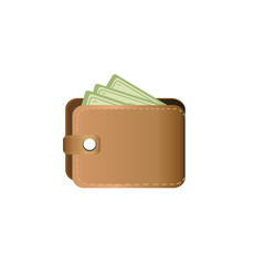 Brown wallet with money. The icon.
