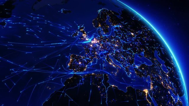 Earth bright connections and city lights. Europe. Aerial, maritime, ground routes and country borders.Blue.  More options in my portfolio. 