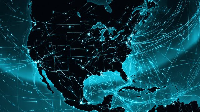 World connections. United states. Aerial, maritime and ground routes. States and country borders. Animation of the Earth with bright connections and cities. Locked. Cyan. 